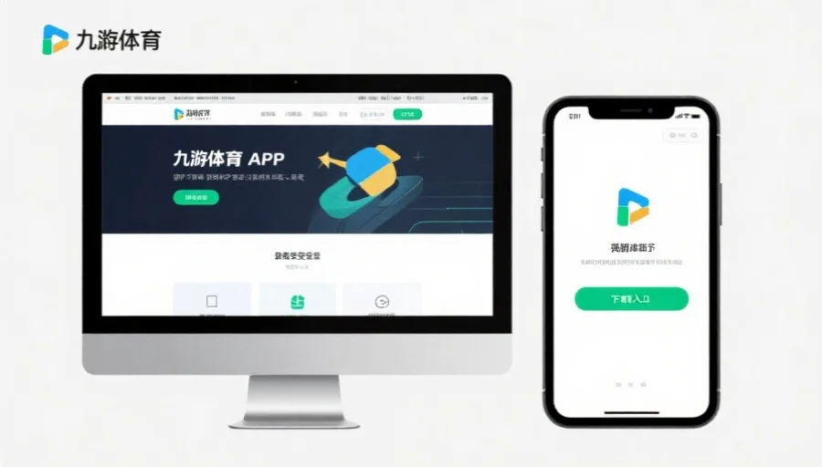 一张电脑和手机屏幕并排显示九游体育app官方网站首页，清晰展示下载入口按钮，设计简洁安全