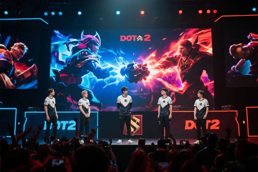 五名DOTA2职业选手在舞台上激烈对战,屏幕上显示英雄技能特效和观众欢呼